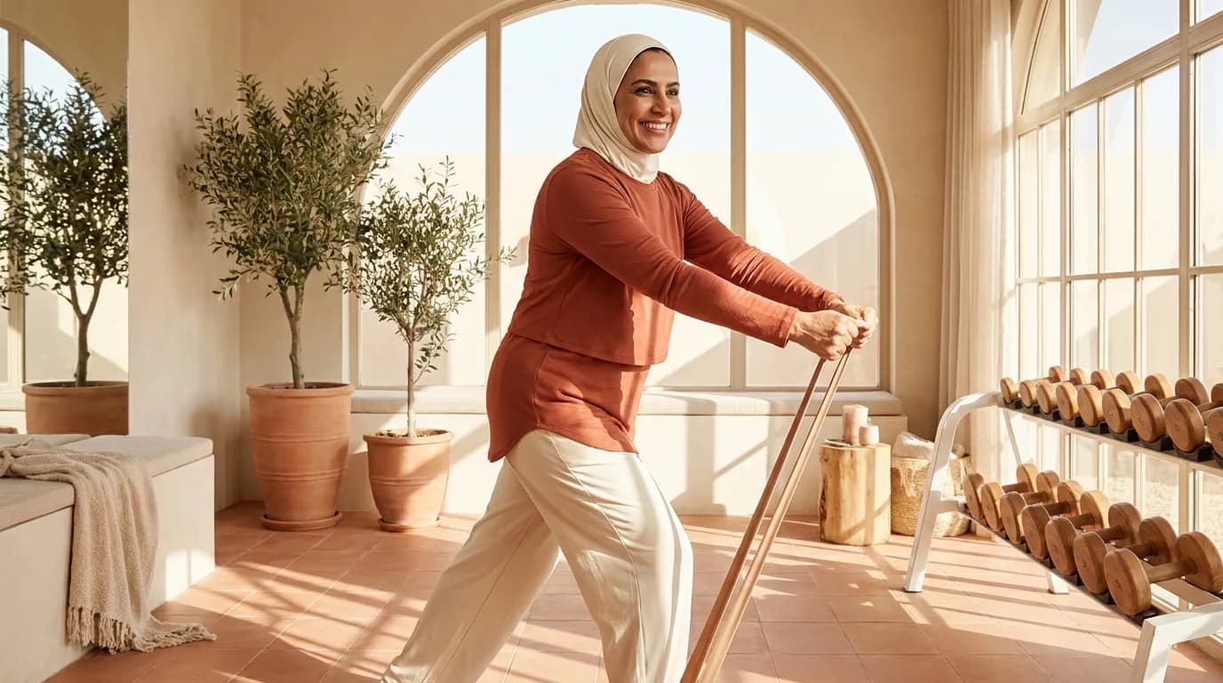 امرأة تتدرب بشريط مقاومة إلى جانب حامل أثقال في استوديو.